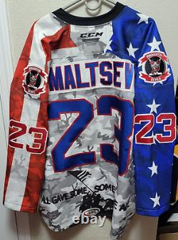 2019-20 Binghamton Devils Mikhail Maltsev AHL Game Worn Military Jersey Size 56