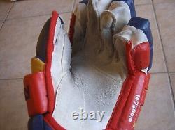 Game Used/Worn Reebok Acadie-Bathurst Titan Blue/Red/Yellow Hockey Gloves 14