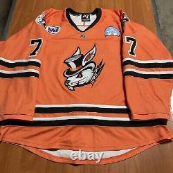 Game Worn Authentic Danbury Jr. Hat Tricks NAHL Hockey Jersey Used Orange XL