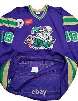 Game Worn / Issued Odessa Jackalopes Mardi Gras CHL Hockey Jersey Used Purple 56