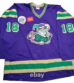 Game Worn / Issued Odessa Jackalopes Mardi Gras CHL Hockey Jersey Used Purple 56