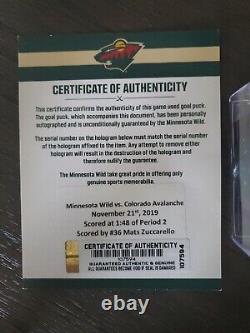 Mats Zuccarello Game Used Goal Puck Minnesota Wild Signed 11/21/2019