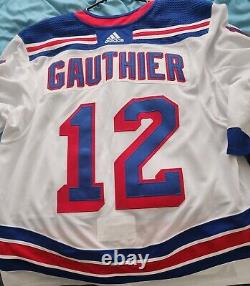 New York Rangers Julien Gauthier Game Worn Playoff jersey. Coa shows sweet use